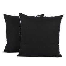 Load image into Gallery viewer, Two Embroidered Cotton Cushion Covers in Black and White - Midnight Royalty | NOVICA
