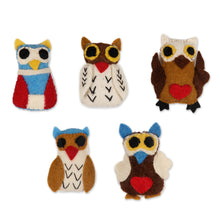 Load image into Gallery viewer, Colorful Wool Felt Owl Ornaments from India (Set of 5) - Happy Owls | NOVICA
