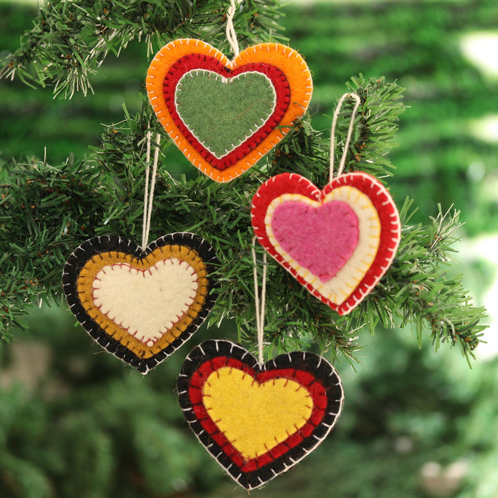 Colorful Wool Felt Heart Ornaments from India (Set of 4) - Entrancing Hearts | NOVICA