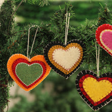 Load image into Gallery viewer, Colorful Wool Felt Heart Ornaments from India (Set of 4) - Entrancing Hearts | NOVICA
