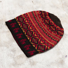 Load image into Gallery viewer, Red and Orange on Black Diamond Motif Alpaca Blend Knit Hat - Alpaca Sunrise | NOVICA
