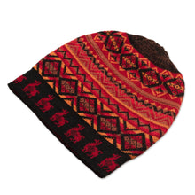 Load image into Gallery viewer, Red and Orange on Black Diamond Motif Alpaca Blend Knit Hat - Alpaca Sunrise | NOVICA

