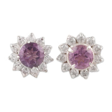 Load image into Gallery viewer, Floral Amethyst Stud Earrings Crafted in India - Gleaming Flower | NOVICA
