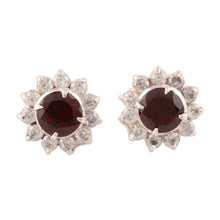 Load image into Gallery viewer, Floral Garnet Stud Earrings Crafted in India - Gleaming Flower | NOVICA
