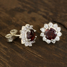 Load image into Gallery viewer, Floral Garnet Stud Earrings Crafted in India - Gleaming Flower | NOVICA
