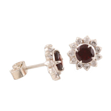 Load image into Gallery viewer, Floral Garnet Stud Earrings Crafted in India - Gleaming Flower | NOVICA
