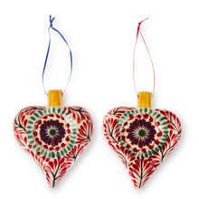 Load image into Gallery viewer, Hand-Painted Heart-Shaped Ceramic Ornament Pair - Majestic Heart | NOVICA
