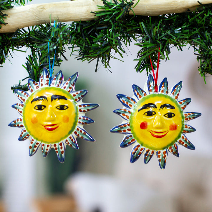 Ceramic Sun Ornament Pair in Yellow from Mexico - Bright Suns | NOVICA