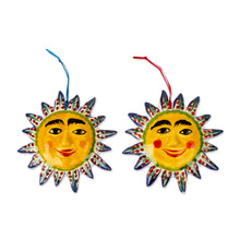 Load image into Gallery viewer, Ceramic Sun Ornament Pair in Yellow from Mexico - Bright Suns | NOVICA
