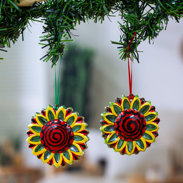 Artisan Crafted Ceramic Sunflower Ornaments (Pair) - Holiday Sunflowers | NOVICA