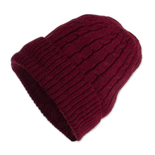 Load image into Gallery viewer, Cranberry Red 100% Alpaca Soft Cable Knit Hat from Peru - Comfy in Burgundy | NOVICA
