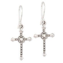 Load image into Gallery viewer, Sterling Silver Cross Dangle Earrings from India - Faithful Dazzle | NOVICA
