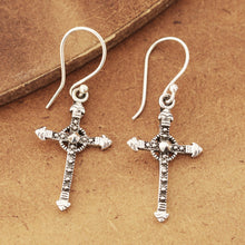 Load image into Gallery viewer, Sterling Silver Cross Dangle Earrings from India - Faithful Dazzle | NOVICA
