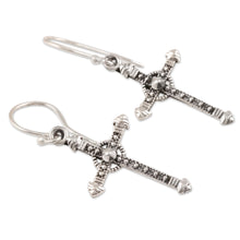 Load image into Gallery viewer, Sterling Silver Cross Dangle Earrings from India - Faithful Dazzle | NOVICA
