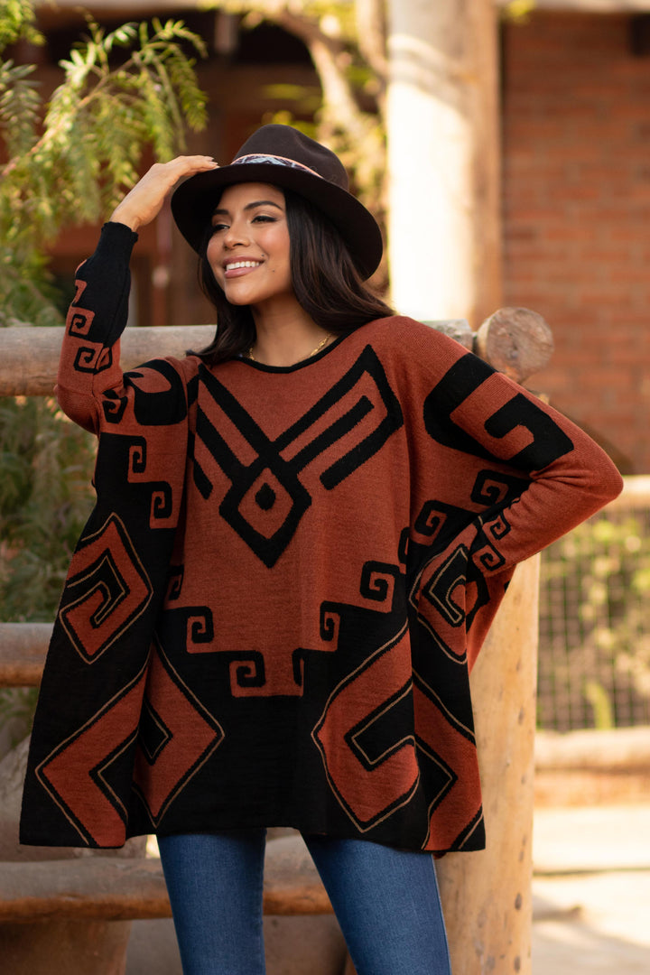 Black and Russet Alpaca Blend Poncho from Peru - Inca Contrast | NOVICA