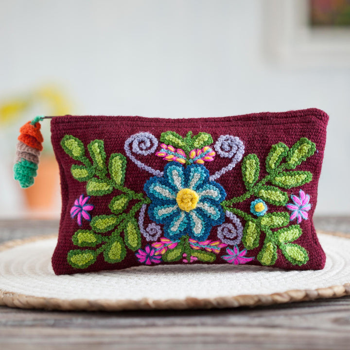 Handwoven Floral Wool Clutch in Maroon from Peru - Peruvian Garden | NOVICA