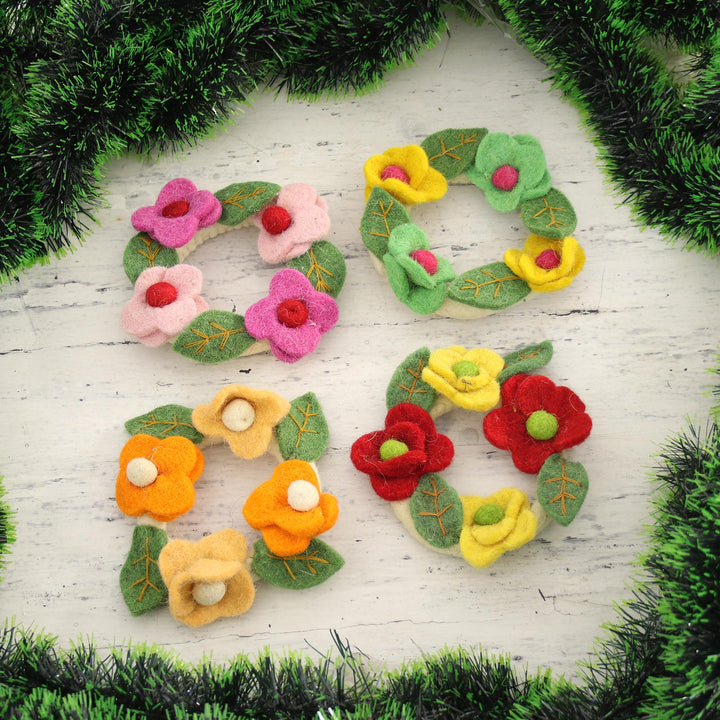 Floral Wreath Wool Felt Ornaments from India (Set of 4) - Floral Wreaths | NOVICA