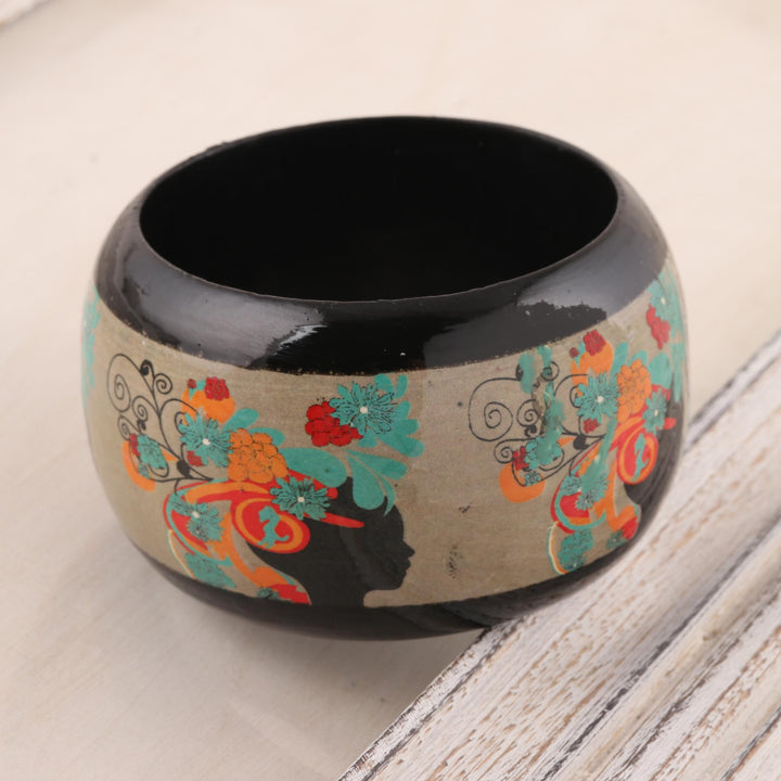 Floral Haldu Wood Bangle Bracelet Crafted in India - Tribal Flowers | NOVICA
