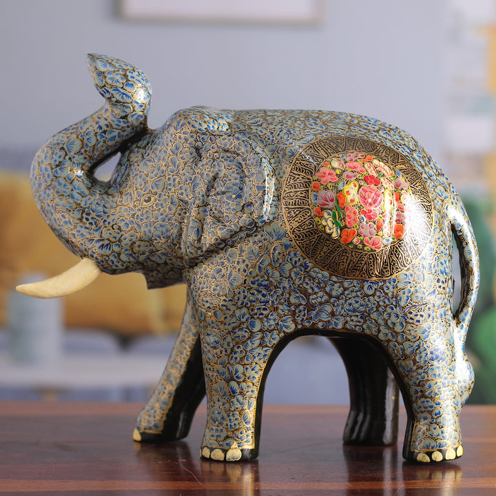 Floral Blue Papier Mache Elephant Sculpture from India - Triumphant Elephant | NOVICA