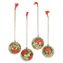 Load image into Gallery viewer, Round Floral Motif Papier Mache Ornaments (Set of 4) - Festive Blossoms | NOVICA

