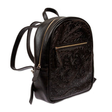Load image into Gallery viewer, Floral Pattern Leather Backpack in Black from Mexico - Onyx Floral Artisan | NOVICA

