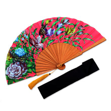 Load image into Gallery viewer, Floral Silk Hand Fan in Strawberry from Bali - Passionate Garden | NOVICA

