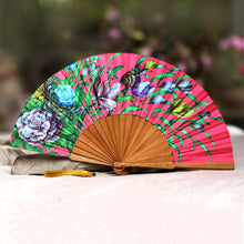Load image into Gallery viewer, Floral Silk Hand Fan in Strawberry from Bali - Passionate Garden | NOVICA
