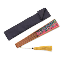 Load image into Gallery viewer, Floral Silk Hand Fan in Strawberry from Bali - Passionate Garden | NOVICA
