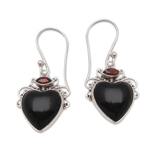 Load image into Gallery viewer, Heart-Shaped Garnet and Horn Dangle Earrings from Bali - Dark Passion | NOVICA
