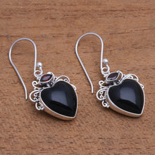 Load image into Gallery viewer, Heart-Shaped Garnet and Horn Dangle Earrings from Bali - Dark Passion | NOVICA
