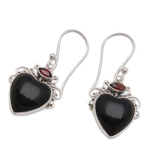 Load image into Gallery viewer, Heart-Shaped Garnet and Horn Dangle Earrings from Bali - Dark Passion | NOVICA
