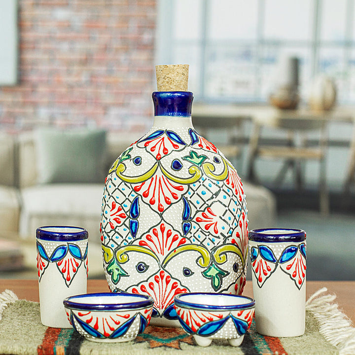 5-Piece Talavera-Style Ceramic Tequila Set from Mexico - Talavera Beverage | NOVICA