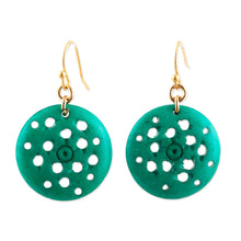 Load image into Gallery viewer, Round Blue-Green Bone Dangle Earrings from India - Delightful Round | NOVICA
