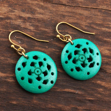 Load image into Gallery viewer, Round Blue-Green Bone Dangle Earrings from India - Delightful Round | NOVICA
