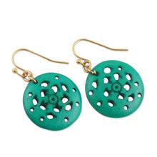 Load image into Gallery viewer, Round Blue-Green Bone Dangle Earrings from India - Delightful Round | NOVICA
