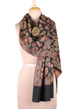 Load image into Gallery viewer, Floral Wool Shawl in Black from India - Midnight Posies | NOVICA

