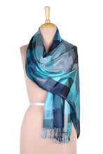 Load image into Gallery viewer, Viscose Shawl with Blue Patterns from India - Ocean Kaleidoscope Squares | NOVICA
