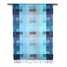 Load image into Gallery viewer, Viscose Shawl with Blue Patterns from India - Ocean Kaleidoscope Squares | NOVICA
