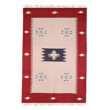 Load image into Gallery viewer, Crimson and Khaki Geometric Wool Area Rug from India (4x5.5) - Khaki Geometry | NOVICA
