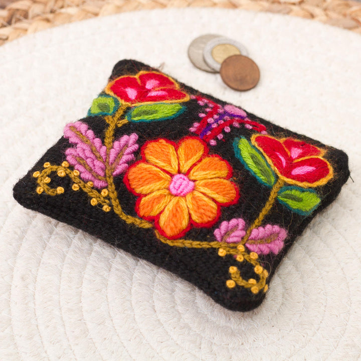 Floral Embroidered Wool Coin Purse in Black from Peru - Exceptional Garden | NOVICA