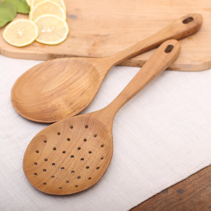 Teak Wood Serving Spoons Crafted in Bali - Elegant Service | NOVICA