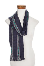 Load image into Gallery viewer, Handwoven Cotton Wrap Scarf in Navy from Guatemala - Ocean Subtlety | NOVICA
