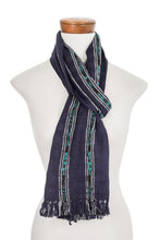 Load image into Gallery viewer, Handwoven Cotton Wrap Scarf in Navy from Guatemala - Ocean Subtlety | NOVICA
