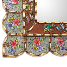 Load image into Gallery viewer, Reverse-Painted Glass Wood Wall Mirror with Floral Motifs - Sweet Arrangement | NOVICA
