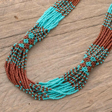 Load image into Gallery viewer, Brown and Turquoise Blue Glass Beaded Strand Necklace - Harmonious Elegance in Brown | NOVICA
