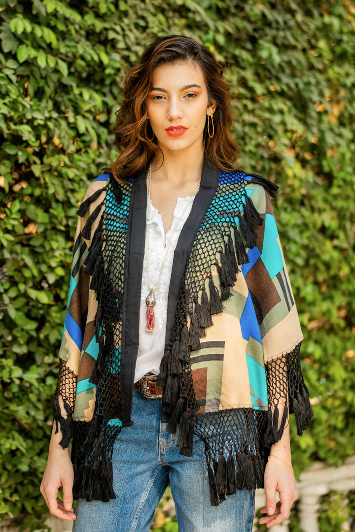 Wool Wrap With Black Fringe from India - Geometric Flair | NOVICA
