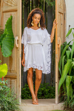 Load image into Gallery viewer, Lacy Belted White Rayon Caftan from Bali - Goddess in White | NOVICA
