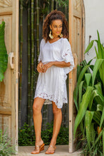 Load image into Gallery viewer, Lacy Belted White Rayon Caftan from Bali - Goddess in White | NOVICA
