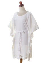 Load image into Gallery viewer, Lacy Belted White Rayon Caftan from Bali - Goddess in White | NOVICA
