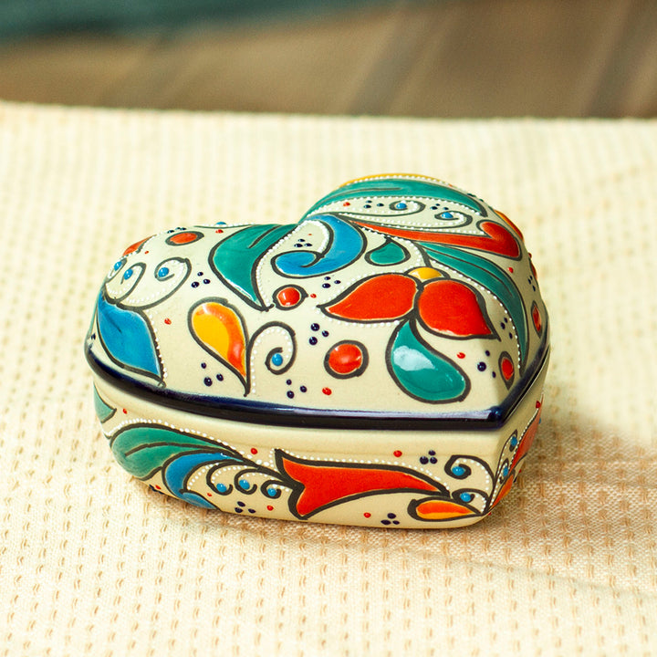 Handmade Heart Shaped Ceramic Jewelry Box - Flourishing Heart | NOVICA